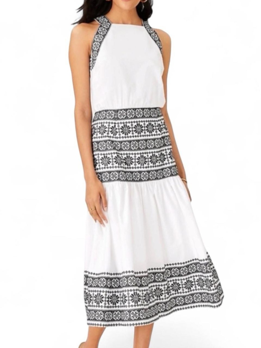 Ann Taylor White Black Embroidered Halter Midi Dress16 Boho Autumn Wedding Guest